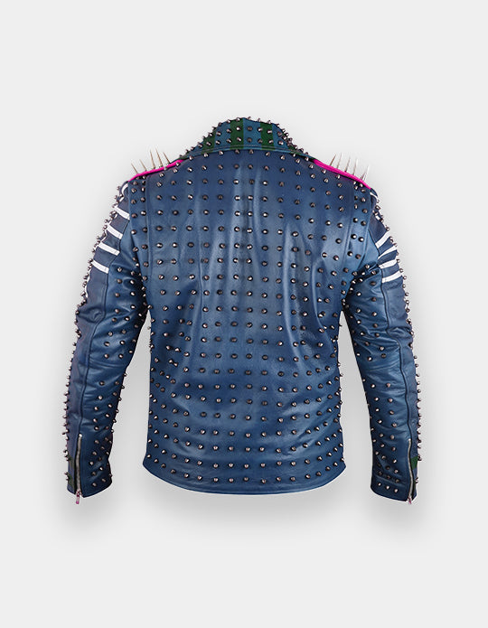 Men's Blue & White Studded Leather Jacket with Patches